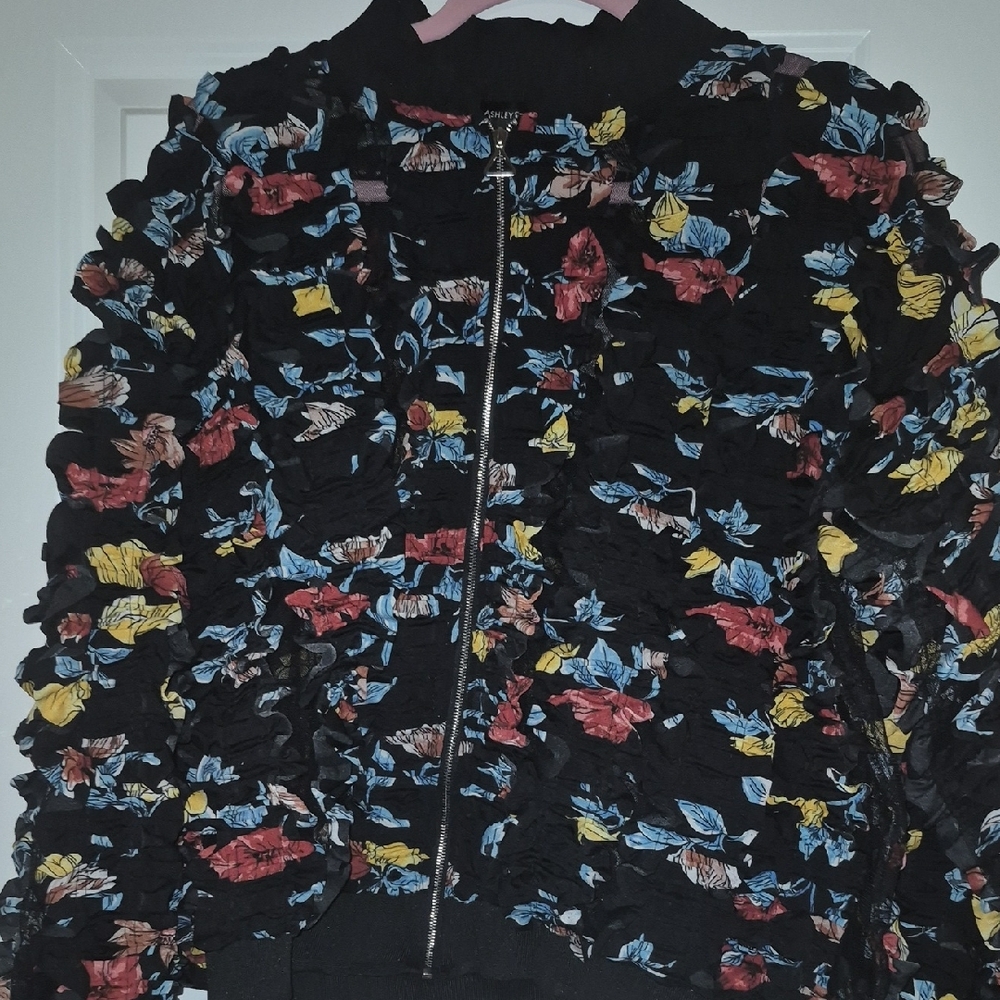 Ashley Stewart Black and Red Bomber Jacket with Playful Print